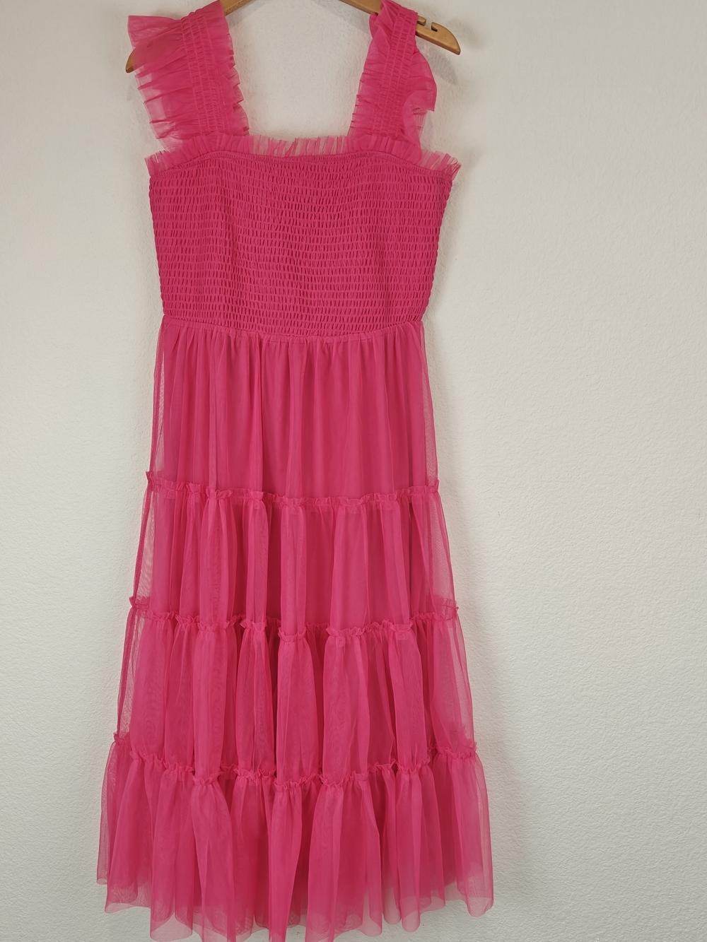 Baltic Born Hot Pink Smocked Tulle Midi Dress Romantic Formal Gown Sz LG - Picture 6 of 14